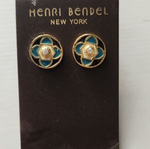 Henri Bendel Earrings Turquoise Black and Gold Floral Studs NEW ON CARD